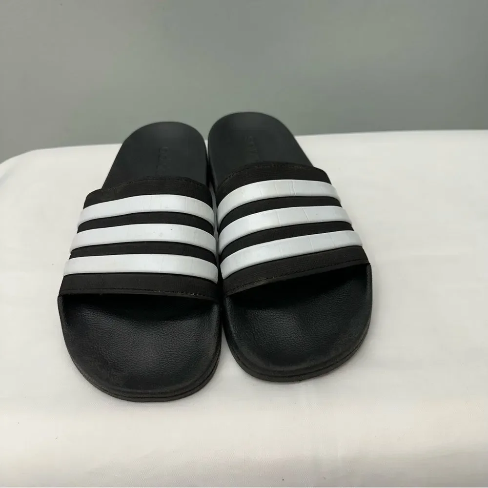 Adidas cloudfoam triple stripe black and‎ white slides slip ons sandals men's 10